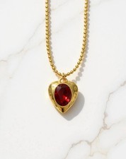 Heart Pendant Necklace Shiny Red Garnet Stone in 14K Yellow Gold Plated 18'' picture