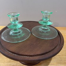 Vtg Art Deco Green Uranium Glass Candlestick Holders Set of 2 UV Glow 3.5