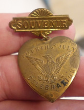 ORIG. ANTIQUE FOURTH OF JULY CELEBRATION HEART W/ EAGLE PIN picture