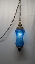 Vth 1970s Mid Century Modern Blue Glass Swag Pendant Lamp MCM Hollywood Regency  picture