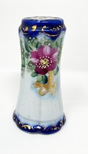 VTG  Porcelain Hat Pin Holder Hand Painted Blue & Pink Flowers Gold Accents picture