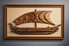 Large Tiki Ship & Sail Wall Carving Wood Relief Mid Century 60” picture