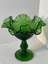 Green Glass Compote Bowl Ruffled Swirl & Crimped Candy Dish Pedestal 5.5”x6” picture