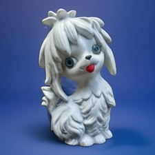 Vintage MCM Shaggy Maltese Dog Figurine White Ceramic Blue Glass Eyes Japan 7” picture