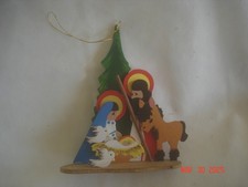 LOVELY 1983 SCHMID EMGEE PAINTED NATIVITY WOODEN ORNAMENT Mary Joseph Baby Jesus picture