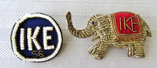 PAIR of 1950s IKE Eisenhower ELEPHANT president metal thread brooch pin & IKE 56 picture