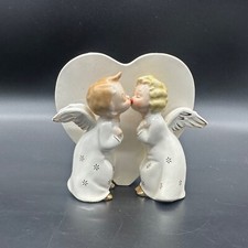 Vintage Kissing Angels Heart Shaped Planter Kitschy Ceramic Valentine White Gold picture