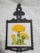 Vintage Cast Iron Yelliw & Orange Mushroom Tile Trivet picture