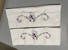 VINTAGE Pair Pillowcases Hand Embroidered Floral Butterflies ‘50’s Cottage Core picture