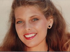 1980s Beautiful Woman Glamour Portrait Smiling Blue Eyes Red Lipstick Earrings picture
