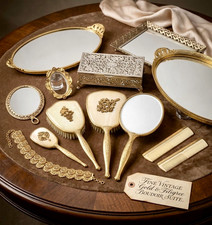 Vintage Gold Filigree Boudoir Vanity Set w/ Mirrors Brushes Combs & Box picture