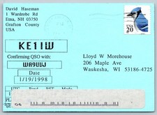 1998 KE1IW Etna NH QSL Card WA9UJJ Waukesha WI Blue Jay Stamp Amateur Radio A29 picture