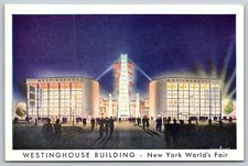 NY Worlds Fair 1939 Linen Postcard Westinghouse Building Nighttime View picture