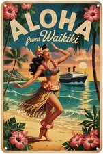 Aloha Waikiki Vintage Hula Girl Beach Tin Metal Signs Home Décor 8x12 picture