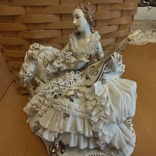 Vtg Dresden Porcelain Lace Woman Lady Parrot Bird Mandolin Figurine picture