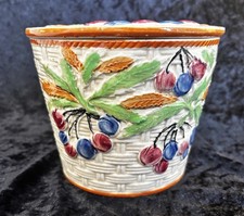 VTG/ATQ Japanese Floral Basketweave Hand-painted Majolica Biscuit Jar w/ Lid picture