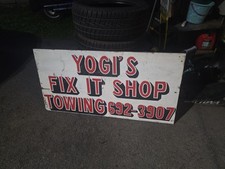 Vintage Sign Wood 4'x2' Yogi's Fix It Shop Towing picture