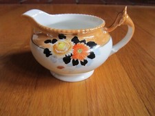 Vtg Lusterware Creamer Made in Japan White Peach w Yellow Orange Flowers Black picture