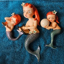 Vintage Lefton:  Set Of 3 Mermaid Ceramic Wall Plaques (Japan 3107) picture