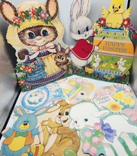 Vintage EUREKA Die Cut Out EASTER Bunny Rabbit Eggs Flowers Basket Lot of 7 picture