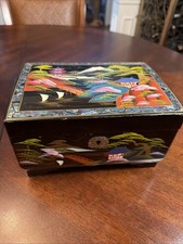 Vtg Japanese Jewelry Box Black Lacquer Abelone Inlay Hand painted 8x6x4.5 picture