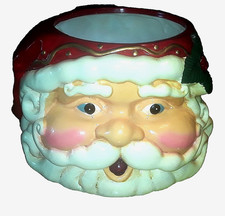 VINTAGE CERAMIC SANTA HEAD PLANTER BASKET WITH METAL SWING HANDLE.  picture