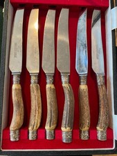 Antique Sheffield English Horn and Silver Steak Knives Set of 6 JAMES DIXON &SON picture