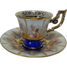 Antique Carlsbad Porcelain Tea Cup & Saucer Cobalt Blue Gold Portrait Germany picture