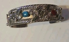 Beautiful Silvertone Red & Blue Turquoise Tiger Eye Color Stones Bangle Cuff picture
