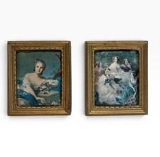 Set 2 Vintage Small Rococo Plastic Framed Puffed Satin Wall Art Italy Regency picture