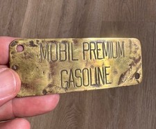 Vintage Mobil Premium Gasoline Brass Tag Sign Plate, 2-Hole, Gas & Oil picture