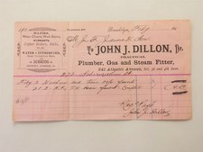 1890s antique JOHN J DILLON PLUMBER RECEIPT brooklyn ny J F JAMES copper boilers picture