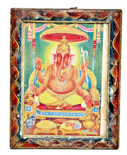 Vintage Lord Ganesha Lithograph: Painted Wood Frame, Hindu Wall Art Collectible picture