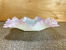 Indiana Glass Diamond Point Ruffled Square Candy Dish, Pink Trim 7