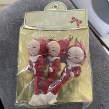 NOS Three Vintage Red Felt Pixie Elf Ornaments Made In Japan picture
