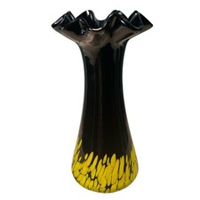 Vintage Handblown Vase  Black Ruffled Rim Yellow Speckled Base 6in picture