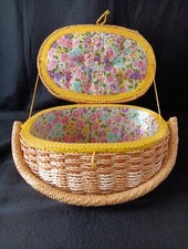 Wicker, Plastic, Wood Oval Beige  Floral Lining Sewing Basket VTG Nostalgia  picture