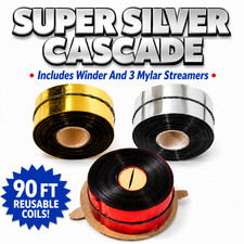 SUPER SILVER CASCADE + Winder Magic Trick 90 Ft Reusable Mylar Streamers 3 Coils picture