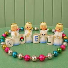 Vintage Shafford NOEL Angels Candleholders Christmas Figurines Japan MCM 1950s picture