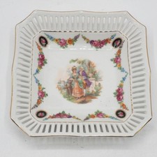 Vintage Germany Porcelain Trinket Tray Reticulated Pierced Edge Courting Couple picture
