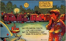 Tipsy Camper, Teardrop Trailer Park, Gypsy Living 1937 Comic Linen Postcard JH10 picture