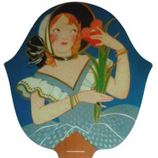 Vintage Art Deco Flapper Girl Die Cut Bridge Score Card Hand Fan Shape 1920s picture
