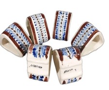 Vintage Tonala Mexican Pottery Napkin Rings Set of 6 Hand Painted Floral Nature picture