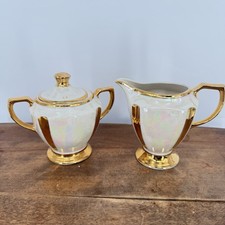 Vtg 50s Pearl Kingwood China 22 Kt. Gold Pearl Lusterware Creamer and Sugar Bowl picture