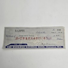 Fisher Motor Company Oshkosh WI Canceled Check 1944 Oshkosh National Bank  picture