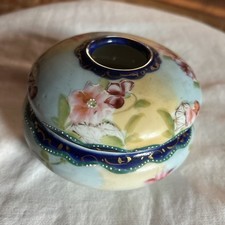 Vintage Porcelain Hair Receiver Vanity Gold Trim Jar Roses Hand-Painted Floral picture