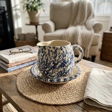 90s Blue Spongeware Pitcher Mug and Basin Set Vintage Cottage picture