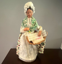 French Santon Doll Lace Cap Apron Linen Dress Basket Terra Cotta Hands Face vtg picture