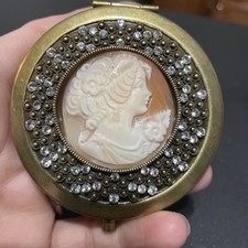 Vtg Amedeo Signed Carved Cameo Rhinestone Mirror Compact Boudoir Glam Old Money picture