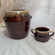 Vtg  McCoy Pottery Brown Drip Glaze Ceramic Cookie Jar 7024 & Double Handle Bowl picture
